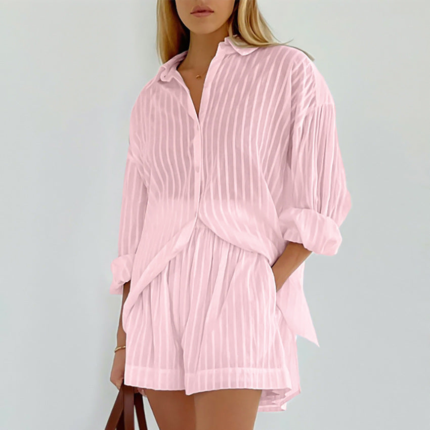INES – Randigt set med långärmad skjorta & shorts | Luftigt, graciöst & avslappnat