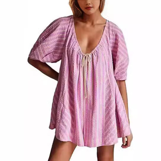 VALENTINA – Randig kort jumpsuit med knytning | Bekväm och somrig