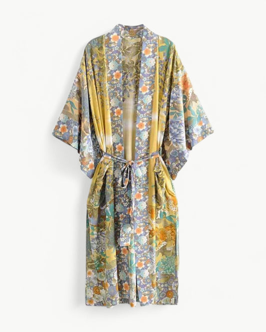 FLEUR – Lång kimono med blommigt mönster, fickor & midjeband