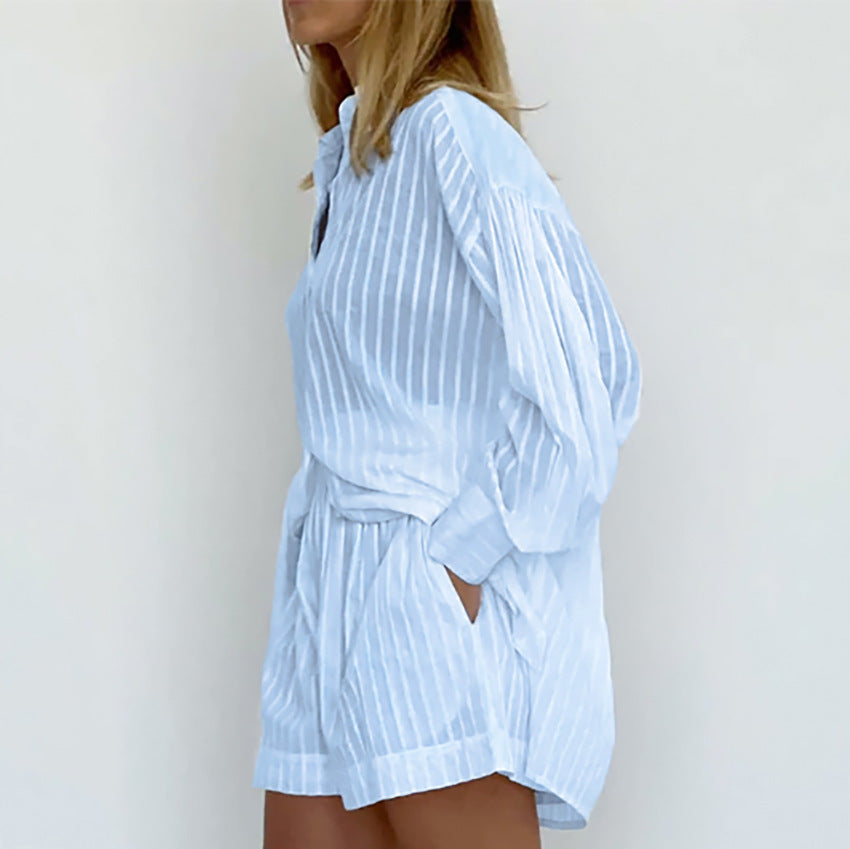 INES – Randigt set med långärmad skjorta & shorts | Luftigt, graciöst & avslappnat