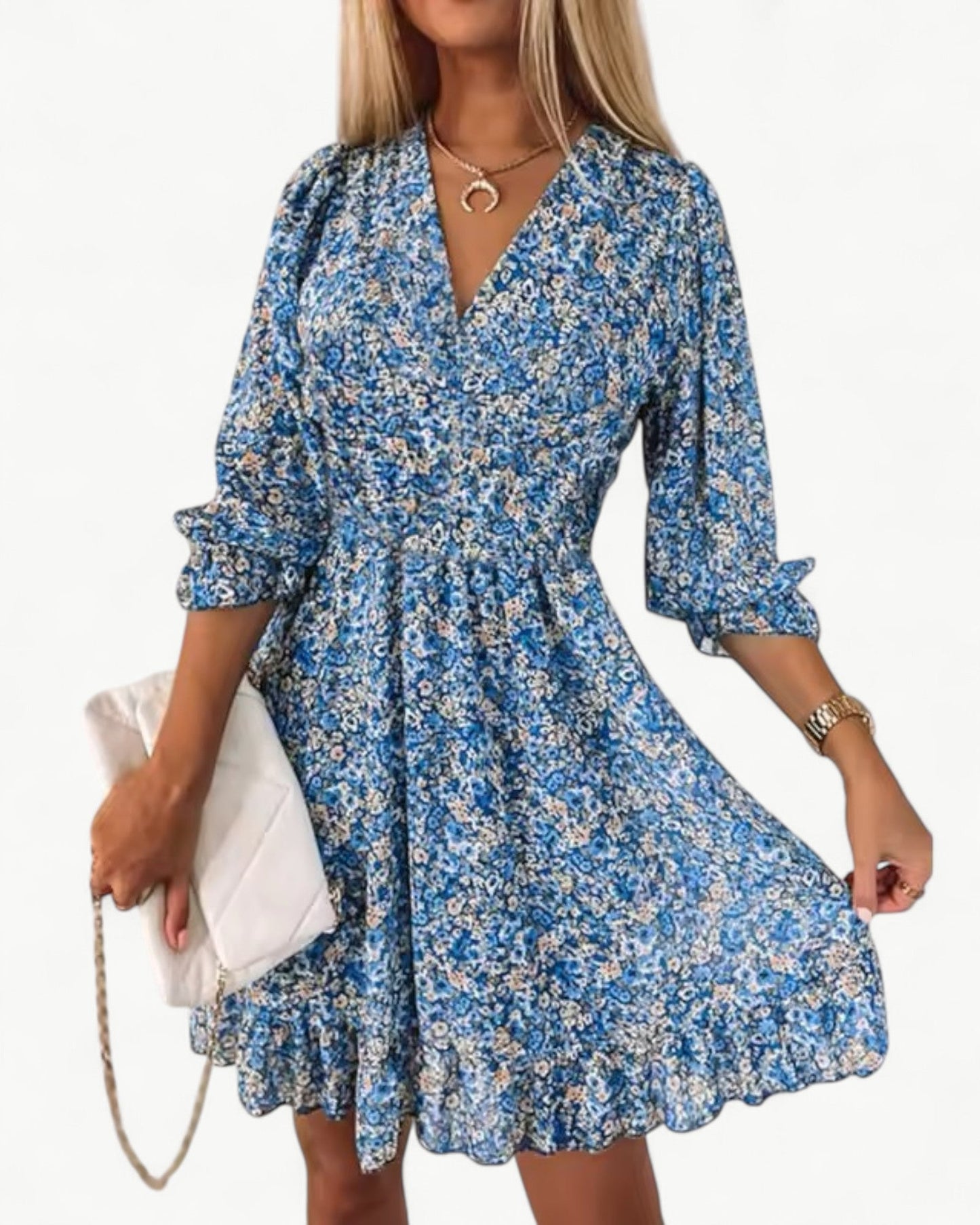 LÉONIE – Blommig klänning med smock & volangdetalj