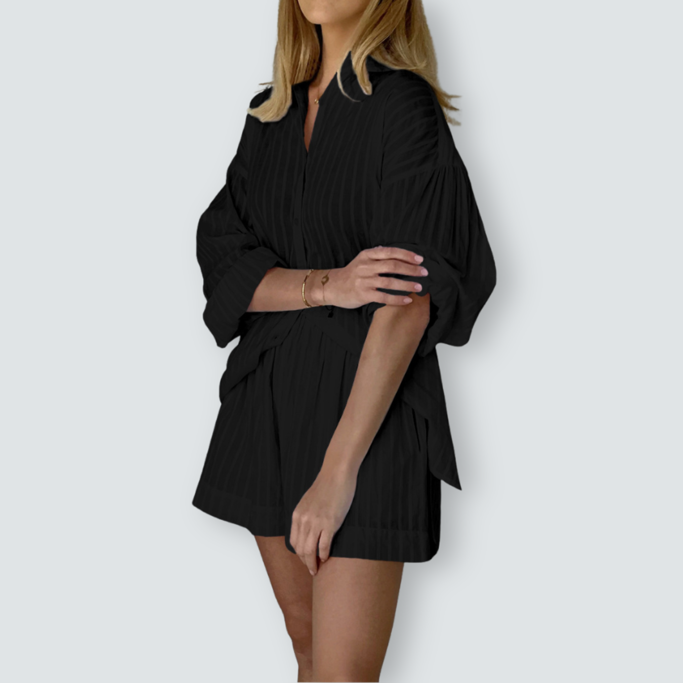 INES – Randigt set med långärmad skjorta & shorts | Luftigt, graciöst & avslappnat