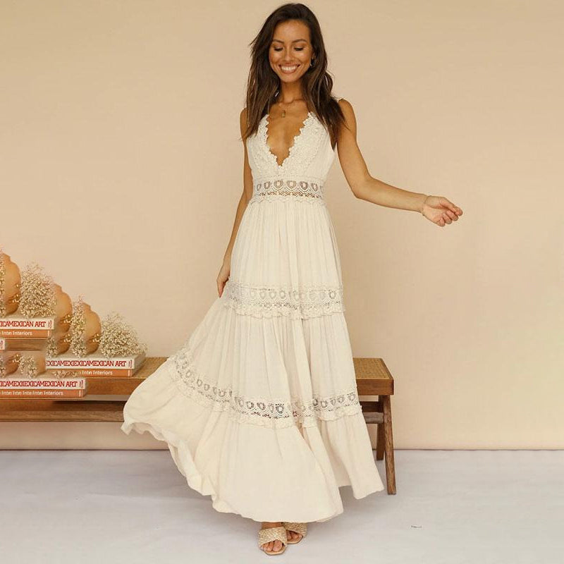 Melyssa - Abito Lungo con Scollo a V e Pizzo sul Retro